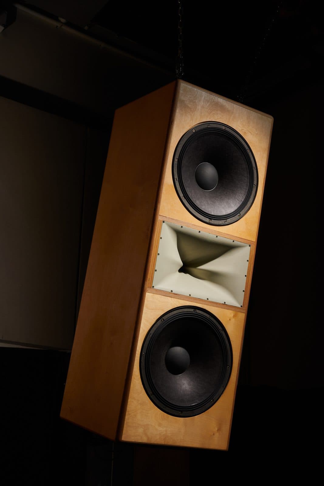 Bespoke Sound + Color hi-fi speaker installed in a dark, warmly lit room